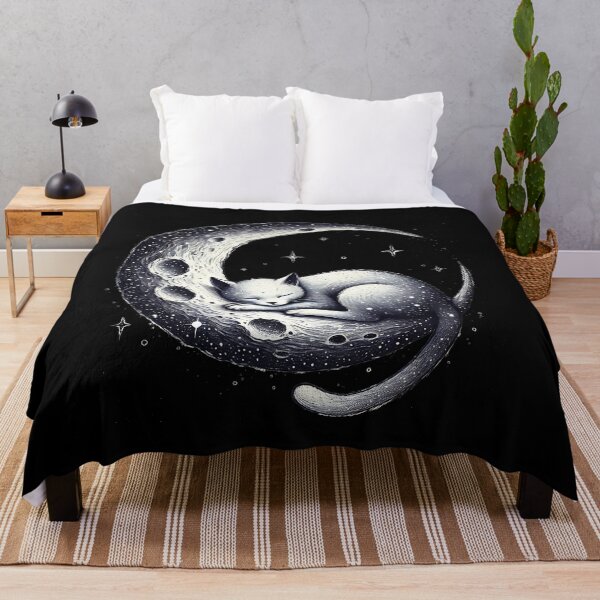 Aperçu de l'œuvre Chat endormi, motif lune, art du ciel nocturne à l'esthétique lunaire chaleureuse créée et vendue par ketkacreations.