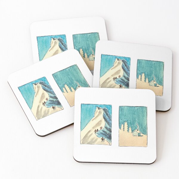Item preview, Hand Painted Snowy Mountain climbers and little winter house in watercolor designed and sold by a.dadash.