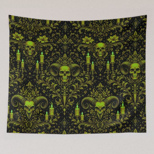 Item preview, Acid Gold Occult Horned Skull - Neon Gothic Ritual Damask designed and sold by cabuks.