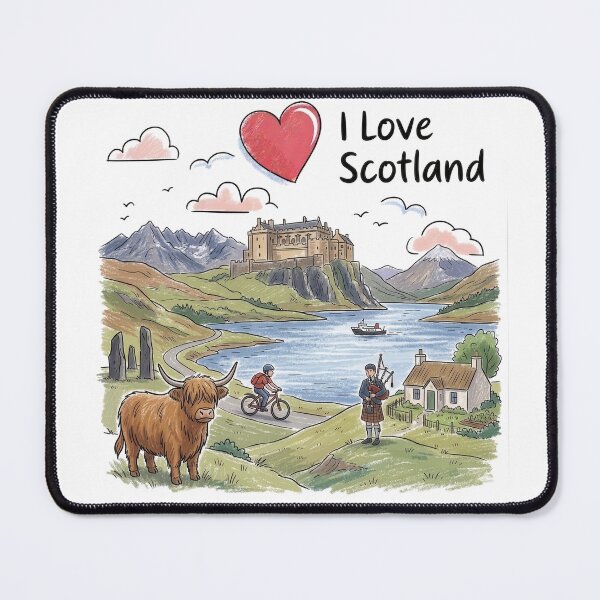 Item preview, Scottish Highlands Landscape Art - Highland Cow, Castle and Bagpipes designed and sold by Loom on the Loch.