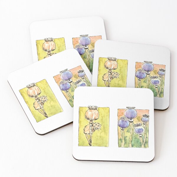 Item preview, Cute Hand Painted Little mouse and purple poppy flowers in watercolor designed and sold by a.dadash.