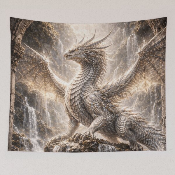 Item preview, Celestial Waterfall Dragon – White Light Dragon Fantasy Art, Mystical Guardian, Epic Dragon Illustration, Magical Creature Artwork designed and sold by DrakariArt.