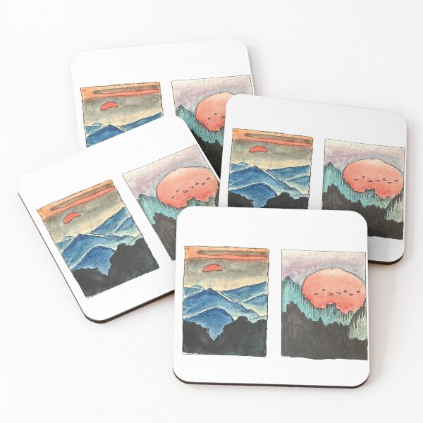 Item preview, Hand Painted Red sun over blue mountains in watercolor designed and sold by a.dadash.