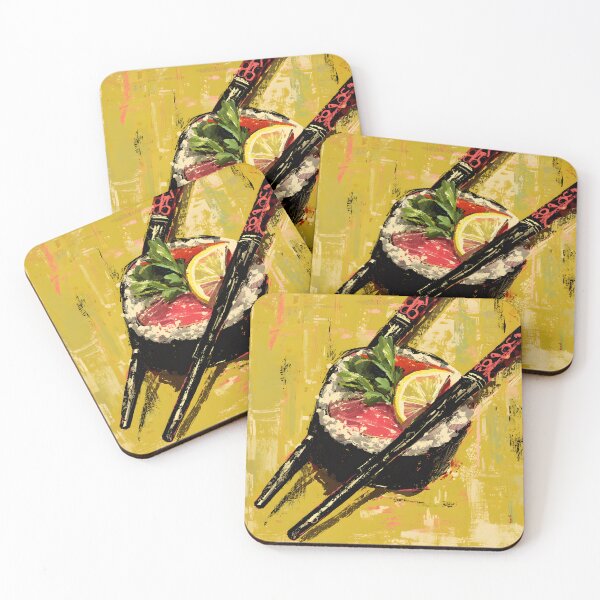 Item preview, Artistic Close Up of Sushi Roll Lemon Slice and Chopsticks on Bold Vibrant Background designed and sold by OlfactoART Studio.