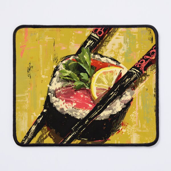 Item preview, Artistic Close Up of Sushi Roll Lemon Slice and Chopsticks on Bold Vibrant Background designed and sold by OlfactoART Studio.
