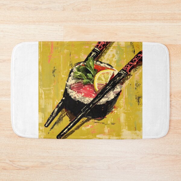 Item preview, Artistic Close Up of Sushi Roll Lemon Slice and Chopsticks on Bold Vibrant Background designed and sold by OlfactoART Studio.