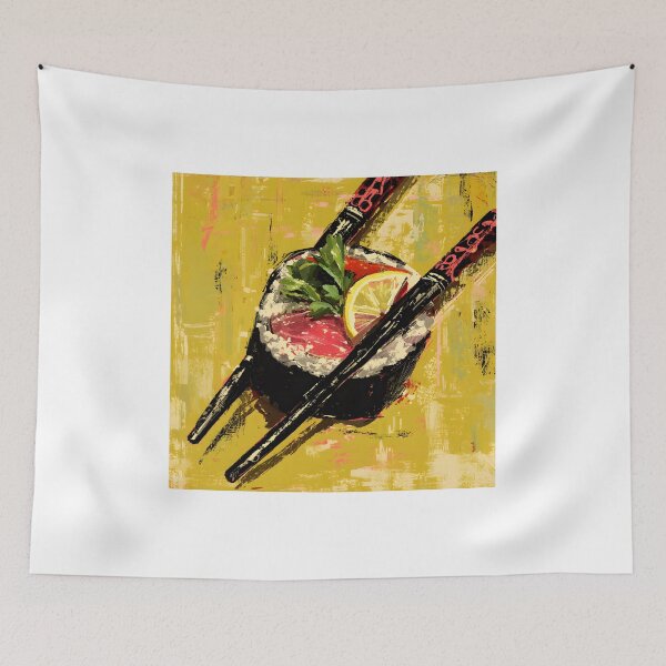 Item preview, Artistic Close Up of Sushi Roll Lemon Slice and Chopsticks on Bold Vibrant Background designed and sold by OlfactoART Studio.