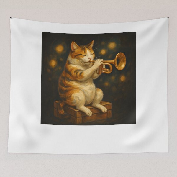 Item preview, Magical Cat Playing Trumpet Whimsical Night Art designed and sold by SiarheiYur.