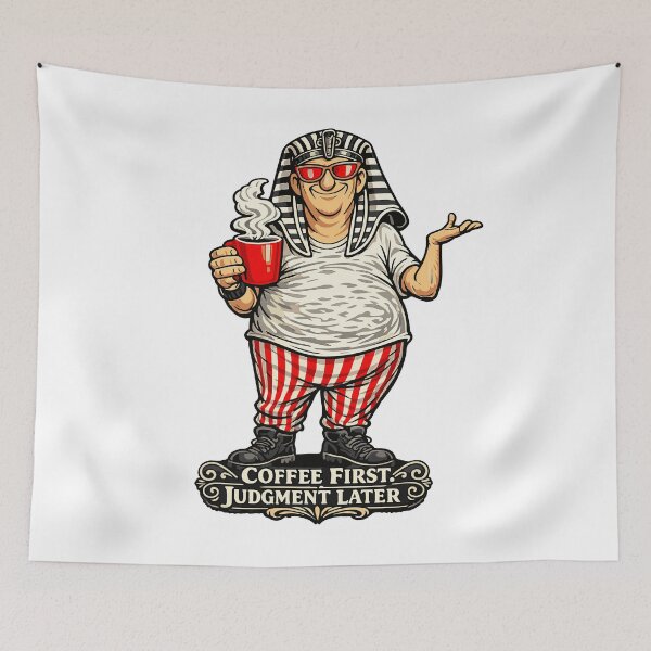 Item preview, Coffee First, Judgment Later | Funny Pharaoh Pajama Meme designed and sold by GulfSignature.