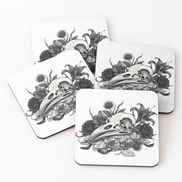 Item preview, Gothic Bird Skull with Dark Roses and Iridescent Shells – Dark Botanical Illustration designed and sold by CrimsonChords.