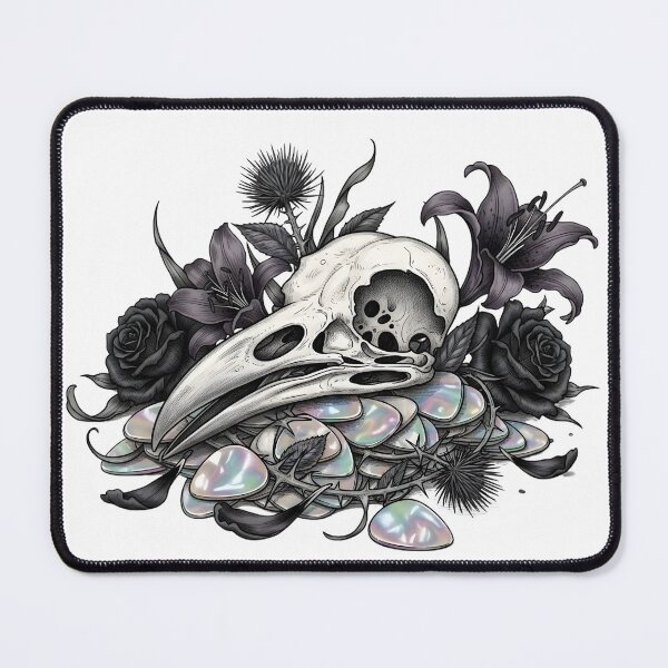 Item preview, Gothic Bird Skull with Dark Roses and Iridescent Shells – Dark Botanical Illustration designed and sold by CrimsonChords.