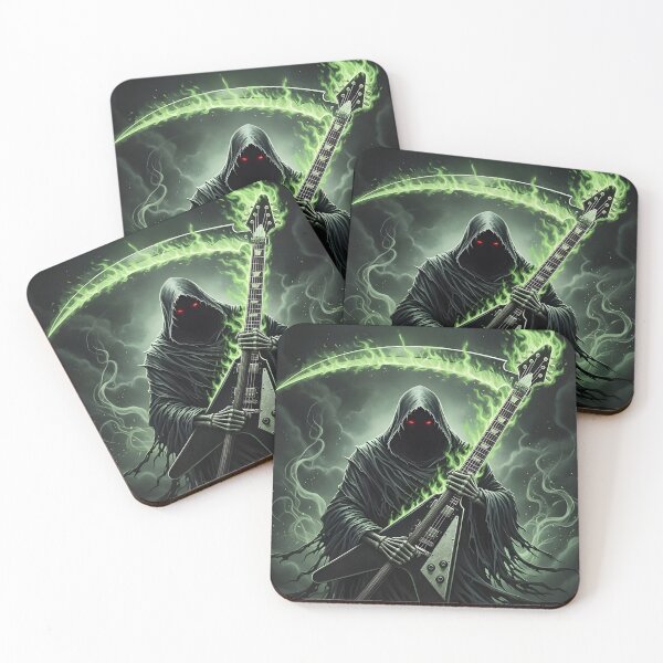 Item preview, Grim Reaper Guitarist with Green Flames – Dark Metal Death Rock Illustration designed and sold by CrimsonChords.
