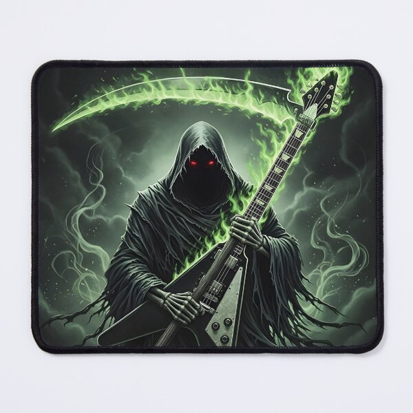 Item preview, Grim Reaper Guitarist with Green Flames – Dark Metal Death Rock Illustration designed and sold by CrimsonChords.