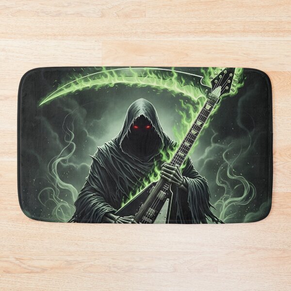 Item preview, Grim Reaper Guitarist with Green Flames – Dark Metal Death Rock Illustration designed and sold by CrimsonChords.