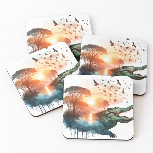 Item preview, Crocodile Double Exposure Swamp Sunset Nature Art designed and sold by LunaPixelStudio.