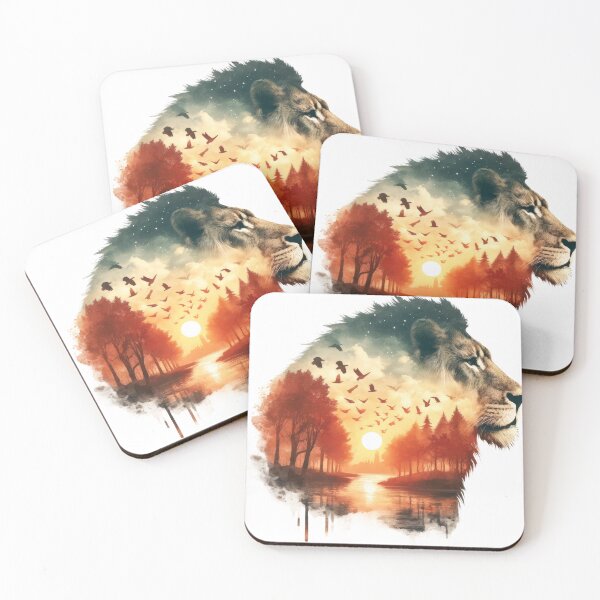 Item preview, Majestic Lion Double Exposure Celestial Sunset Forest designed and sold by LunaPixelStudio.