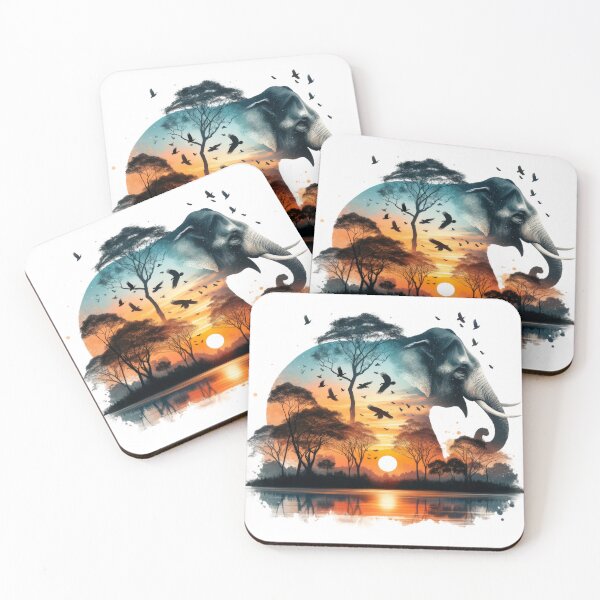Item preview, Majestic Elephant Savanna Sunrise Double Exposure designed and sold by LunaPixelStudio.