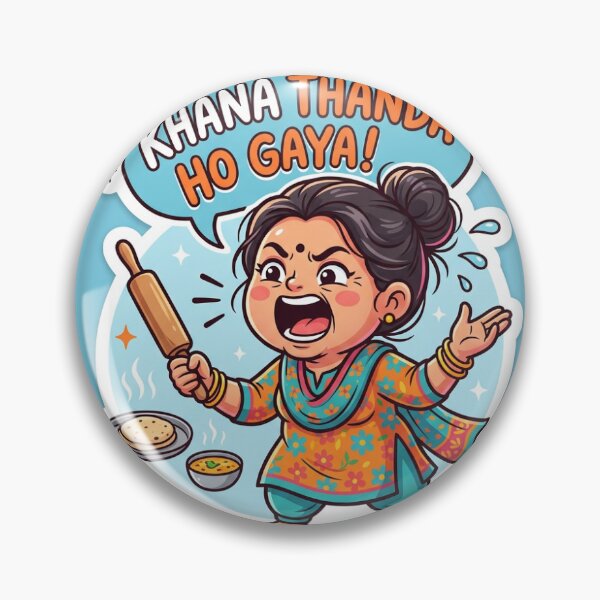 Item preview, funny Indian mom shouting ‘khana thanda ho gaya’, expressive face, vibrant colors, comic illustration designed and sold by Stickora Lab.