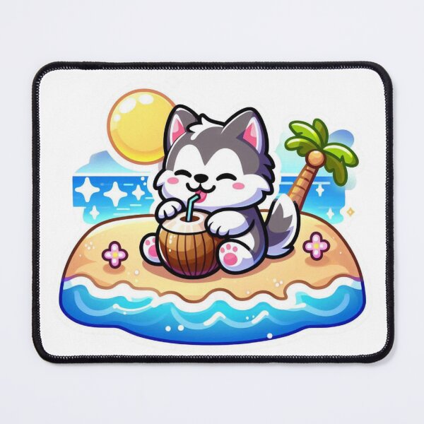 Item preview, Cute Husky on Tropical Beach Drinking Coconut-Kawaii island Dog designed and sold by carestazafeli.