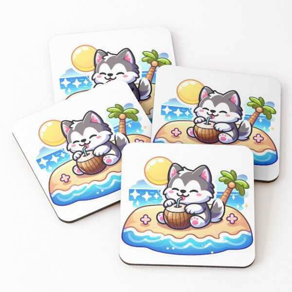 Item preview, Cute Husky on Tropical Beach Drinking Coconut-Kawaii island Dog designed and sold by carestazafeli.