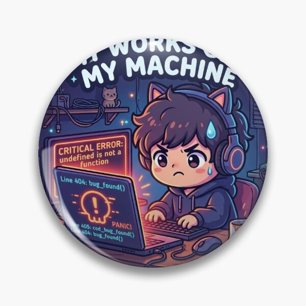 Item preview, developer staring at laptop with error screen, neon glow, dark room, humorous caption ‘it works on my machine designed and sold by Stickora Lab.