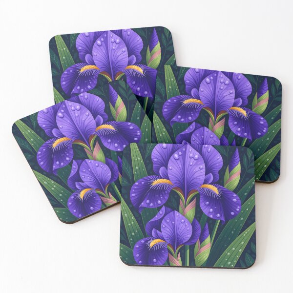 Item preview, Purple iris flowers covered in water droplets, backdrop of dark green leaves designed and sold by Ponted.