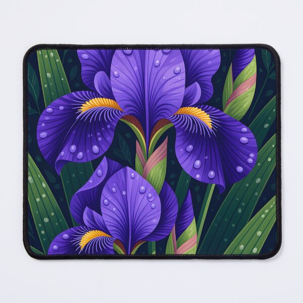 Item preview, Purple iris flowers covered in water droplets, backdrop of dark green leaves designed and sold by Ponted.
