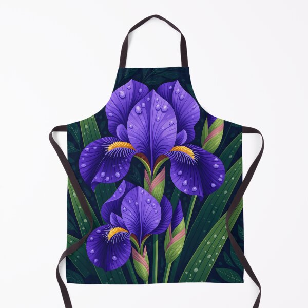 Item preview, Purple iris flowers covered in water droplets, backdrop of dark green leaves designed and sold by Ponted.