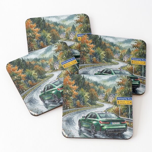 Item preview, Green performance car on wet forest road watercolor designed and sold by RevUpDesign.