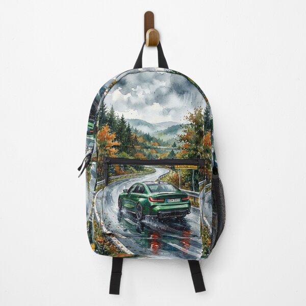 Item preview, Green performance car on wet forest road watercolor designed and sold by RevUpDesign.