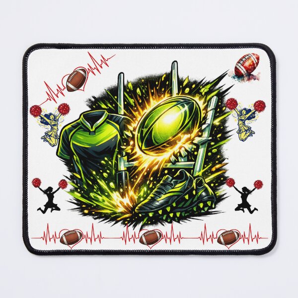 Item preview, Explosive Neon Football Action Illustration With Jersey Cleats Goalposts Cheerleaders And Heartbeat Graphics designed and sold by FireOrchid.