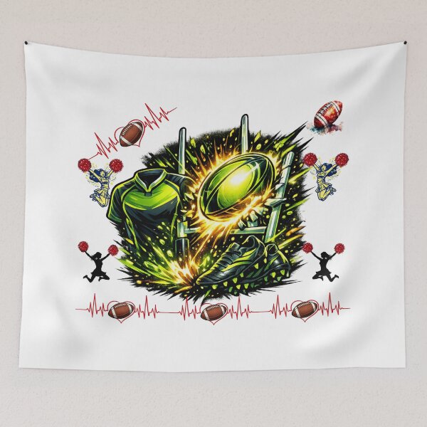 Item preview, Explosive Neon Football Action Illustration With Jersey Cleats Goalposts Cheerleaders And Heartbeat Graphics designed and sold by FireOrchid.