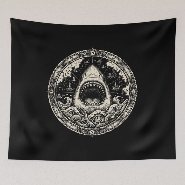 Item preview, Vintage Shark Kraken Compass Nautical Map Art designed and sold by AntiqueImages.