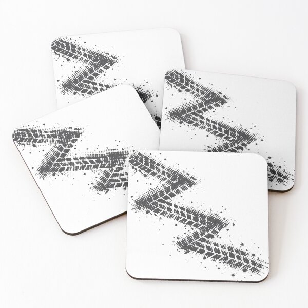 Item preview, High-contrast black tire track in halftone style with mud splatter and distressed grunge texture, suggesting motion, speed and rugged off-road adventure for backgrounds designed and sold by Dejbar.
