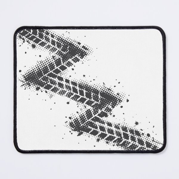 Item preview, High-contrast black tire track in halftone style with mud splatter and distressed grunge texture, suggesting motion, speed and rugged off-road adventure for backgrounds designed and sold by Dejbar.