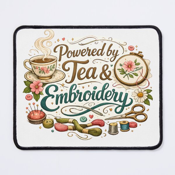 Item preview, Powered by Tea & Embroidery – Cozy Craft Lover Design designed and sold by blankTeeShirt.