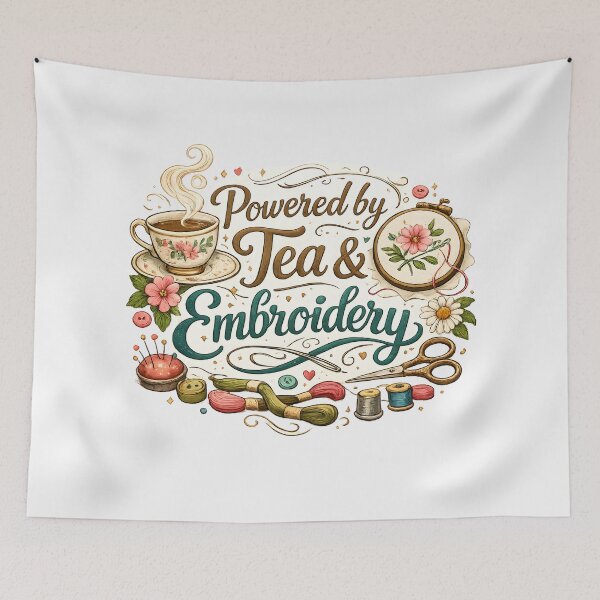 Item preview, Powered by Tea & Embroidery – Cozy Craft Lover Design designed and sold by blankTeeShirt.