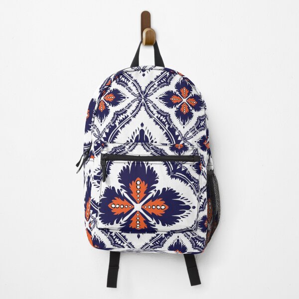 Artikelvorschau, Marineblaues und oranges Ikat-Blumenmedaillonmuster entworfen und verkauft von AdesignbyG.
