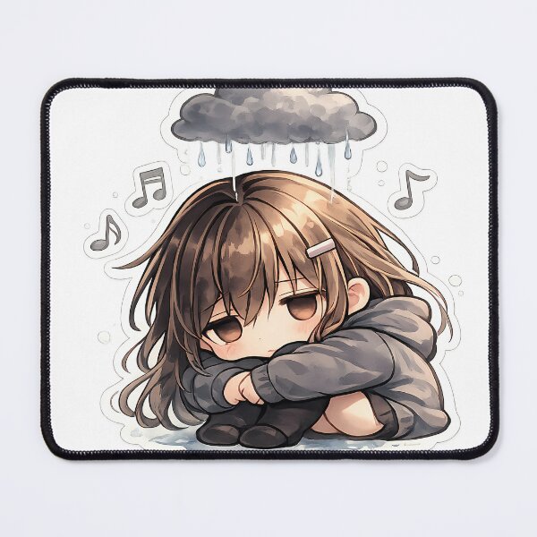 Aperçu de l'œuvre Sticker d'une fille d'anime triste et déprimée, nuage de pluie, kawaii, humeur à pleurer, esthétique créée et vendue par Art-Selling.