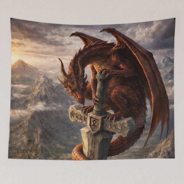 Item preview, Dragon Guarding Sword – Epic Fantasy Dragon, Ancient Blade, Legendary Guardian, Medieval Dragon Art, Mythical Creature Illustration designed and sold by DrakariArt.