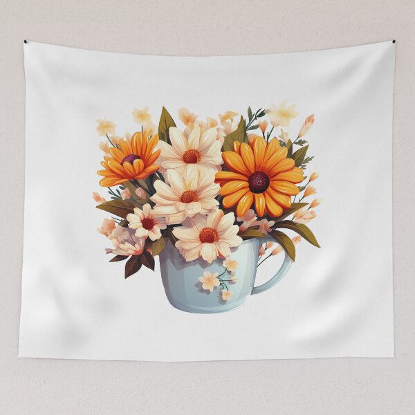 Item preview, Orange and Cream Daisy Bouquet in Light Blue Mug - Cheerful Floral Art Print designed and sold by DesignArtist.ia.