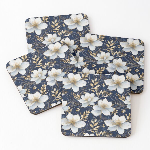 Item preview, White flowers with gold on dark blue background designed and sold by AnnaHolyph.
