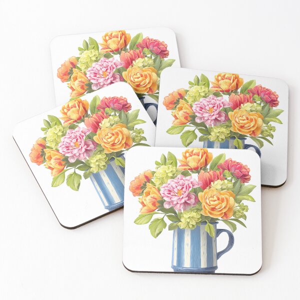 Item preview, Colorful Flower Bouquet in Blue Striped Mug - Cheerful Folk Art Print designed and sold by DesignArtist.ia.