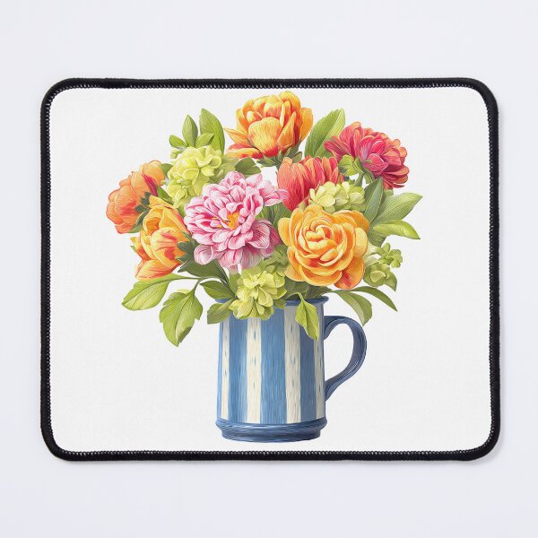 Item preview, Colorful Flower Bouquet in Blue Striped Mug - Cheerful Folk Art Print designed and sold by DesignArtist.ia.