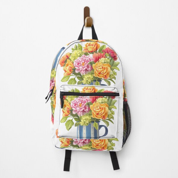 Item preview, Colorful Flower Bouquet in Blue Striped Mug - Cheerful Folk Art Print designed and sold by DesignArtist.ia.