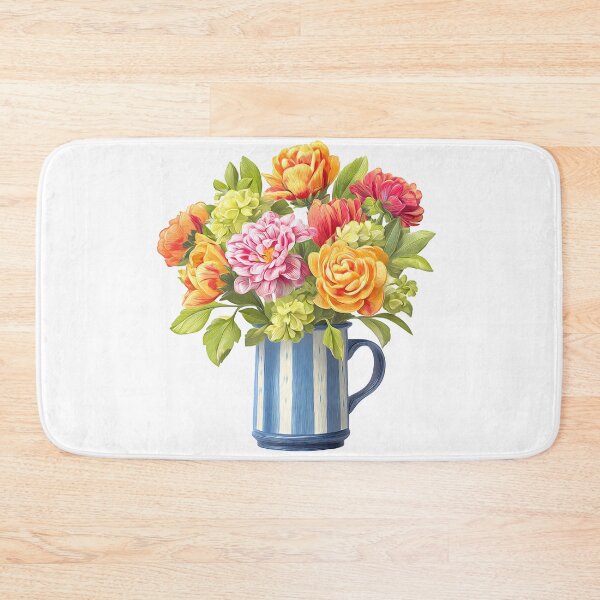Item preview, Colorful Flower Bouquet in Blue Striped Mug - Cheerful Folk Art Print designed and sold by DesignArtist.ia.