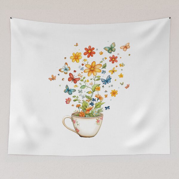 Item preview, Whimsical Teacup with Flowers and Butterflies - Colorful Folk Art Print designed and sold by DesignArtist.ia.