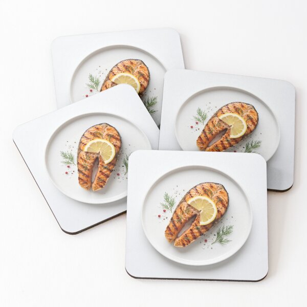 Item preview, Healthy grilled salmon steak fillet with lemon on white plate isolated on white background designed and sold by pixelbloom17.