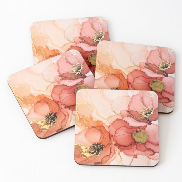 Item preview, Abstract peach pink and red flowers with gold in fluid art style designed and sold by AnnaHolyph.
