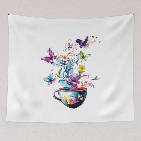 Item preview, Magical Teacup with Flowers and Butterflies - Vibrant Whimsical Floral Art Print designed and sold by DesignArtist.ia.